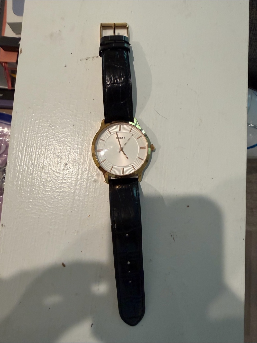 Guess Gold-Tone Case Watch with Black Leather Strap